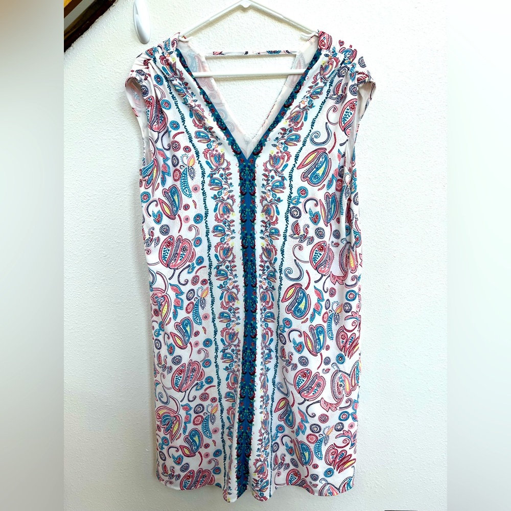 Loft White and Colorful Paisley Design V-Neck Sleeveless Dress